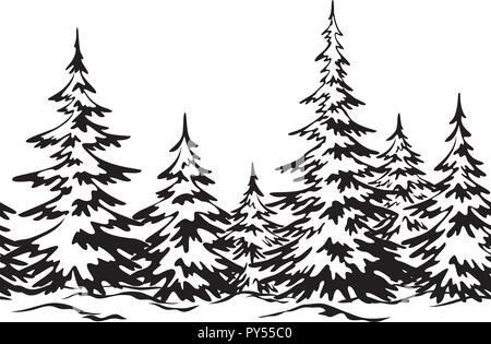 Christmas Holiday Seamless Horizontal Background, Winter Landscape, Fir Trees with Snow, Black Silhouettes Isolated on White Background. Vector Stock Vector