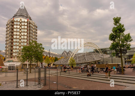 Rotterdam, Netherlands - 27 May:  Cube house and Blaak tower at Rotterdam on 27 May 2017. Rotterdam is a major port city in the Dutch province of Sout Stock Photo