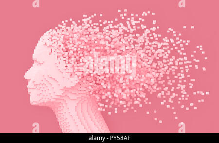 Pixelated Head Of Woman And 3D Pixels As Hair On Pink Background. 3D Illustration. Stock Photo