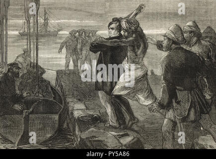 The Assassination of the Earl of Mayo, Viceroy of India, while visiting the convict settlement at Port Blair in the Andaman Islands, on 8 February 1872.  Assassinated by Sher Ali Afridi an Afridi Pathan convict. Stock Photo