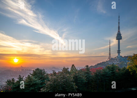 seoul tower and city wall in seoul, south korea Stock Photo