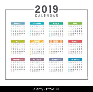 Colorful year 2019 simple calendar. Vector template on white background Stock Vector