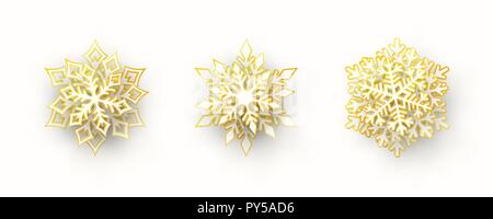 Vector set of 3 paper cut snowflakes with shadow Stock Vector