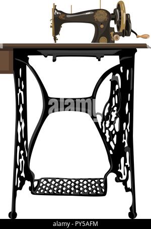 vintage sewing machine on a table isolated on white. Concept idea for logo, tag, banner, advertising, prints, decoration, Stock Vector