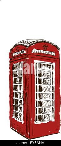 Red telephone box. call box London isolated. Sketch style ink pen. Concept idea for logo, tag, banner, advertising, prints, wrapping, decoration, pack Stock Vector
