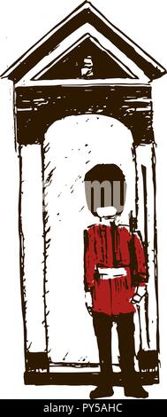 british guardsman with bearskin hat. Sketch style ink pen. Concept idea for logo, tag, banner, advertising, prints, wrapping, decoration, package Stock Vector