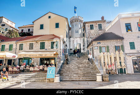 Old gates of the city and the Sakhat Kula tower with the clock in Herceg Novi, Montenegro Stock Photo