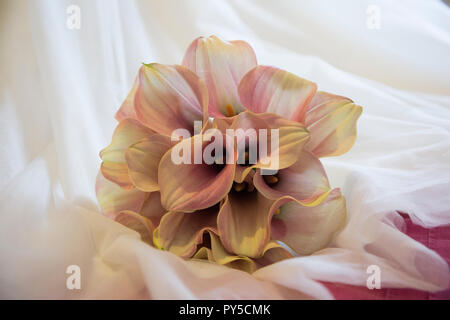 wedding bouquet of cala lilies sitting on the edge of the brides wedding dress Stock Photo