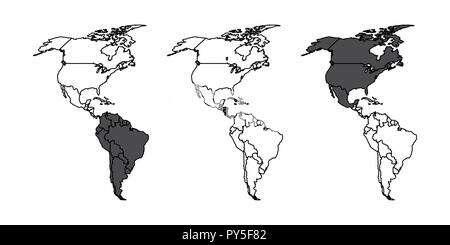 A set of maps of the american continent with the south, central and north america highlighted Stock Vector