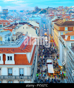 Aerial view of Augusta street and the Old Town of Lisbon at twilight. Portugal Stock Photo