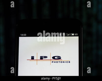 Kiev, Ukraine. 25th Oct, 2018. IPG Photonics company logo seen displayed on smart phone. IPG Photonics is a manufacturer of fiber lasers and fiber amplifiers. Credit: Igor Golovniov/SOPA Images/ZUMA Wire/Alamy Live News Stock Photo