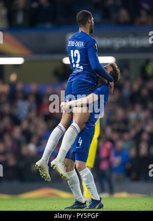 London, UK. 25th October, 2018. Ruben LOFTUS-CHEEK of Chelsea celebrates his hat trick with Cesc Fˆbregas of Chelsea during the UEFA Europa League group match between Chelsea and FC BATE Borisov at Stamford Bridge, London, England on 25 October 2018. Photo by Andy Rowland. . (Photograph May Only Be Used For Newspaper And/Or Magazine Editorial Purposes. www.football-dataco.com) Credit: Andrew Rowland/Alamy Live News Stock Photo