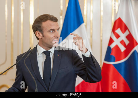 Bratislava, Slovakia. 26th Oct, 2018. French President Emmanuel Macron speaks during a press conference within his visit of Slovakia, on October 26, 2018, in Bratislava, Slovakia. Macron visited Slovakia on the occasion of the 100th anniversary of Czechoslovakia. Credit: Martin Mikula/CTK Photo/Alamy Live News Stock Photo