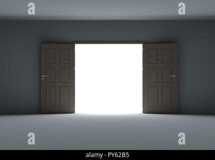 Doors opening to show bright light in the darkness Stock Photo