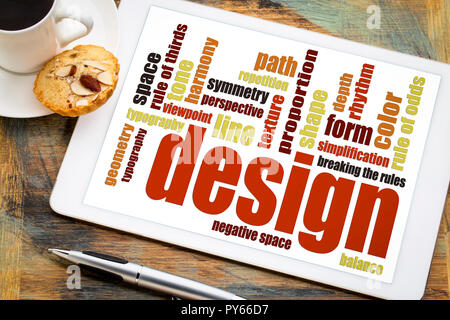design elements and rules - a word cloud on a digital tablet with a cup of coffee Stock Photo
