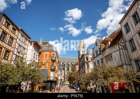 Cozy square with beautiful buildings and cathedral on the background in Rouen city, France Stock Photo