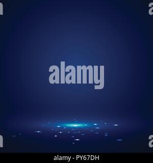 Blue stage background with light rays of spotlight and falling sparkling. Shimmering light dust shining. Studio room. Vector illustration Stock Vector