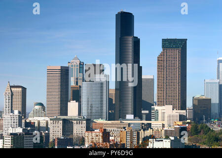 Downtown Seattle Skyscrapers and tall buildings taken during the fall with blue sky. Stock Photo