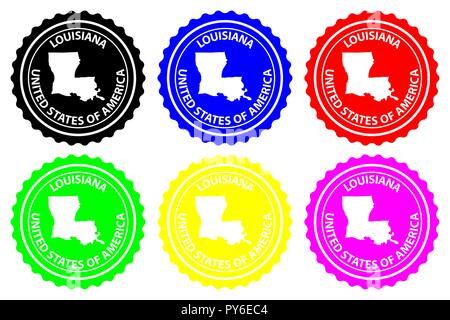 Louisiana - rubber stamp - vector, Louisiana (United States of America) map pattern - sticker - black, blue, green, yellow, purple and red Stock Vector