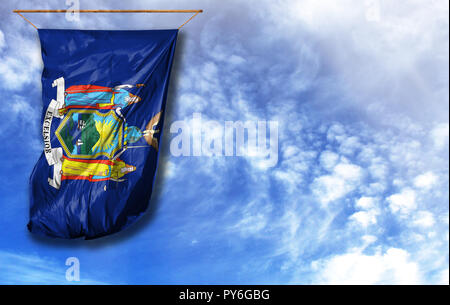 Flag State of New York. Vertical flag, against blue sky with place for your text Stock Photo