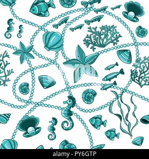 Seamless pattern with seashells, corals and starfishes. Marine background. Stock Vector