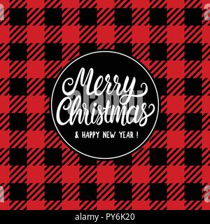 Merry Christmas white hand drawn lettering text inscription. Vector illustration Checkered black and red background. Holiday Happy New Year Greeting Design Card Stock Vector