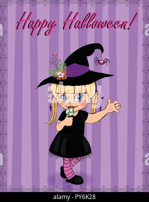 Happy Halloween greeting card of little cute naughty baby girl in witch dress costume and hat rising hand up framed with cobweb on purple striped back Stock Vector