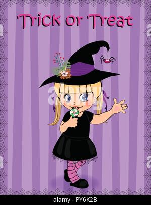 Happy Halloween greeting card of little cute naughty baby girl in witch dress costume and hat rising hand up framed with cobweb on purple striped back Stock Vector