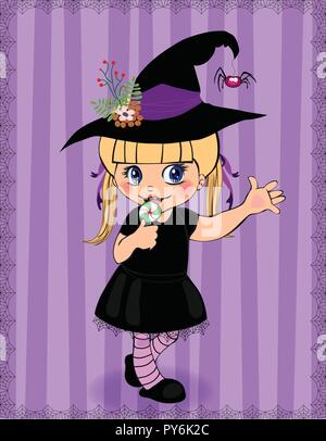 Happy Halloween greeting card of little cute naughty baby girl in witch dress costume and hat rising hand up framed with cobweb on purple striped back Stock Vector