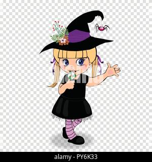 Happy Halloween cartoon character of little cute baby girl in witch dress costume and hat rising hand up framed with cobweb on transparent background. Stock Vector