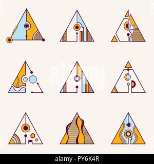 Collection of colored triangles, separated with lines and circles. Set of geometric elements, isolated on light background. Line design. Abstract sacr Stock Vector
