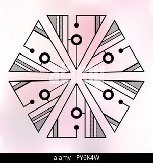 Six symmetrically arranged triangles, separated with lines and circles. Geometric elements, isolated on color background. Line design. Abstract sacred Stock Vector