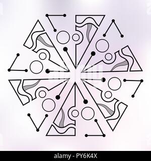 Six symmetrically arranged triangles, separated with lines and circles. Geometric elements, isolated on color background. Line design. Abstract sacred Stock Vector