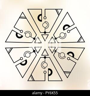 Six symmetrically arranged triangles, separated with lines and circles. Geometric elements, isolated on color background. Line design. Abstract sacred Stock Vector