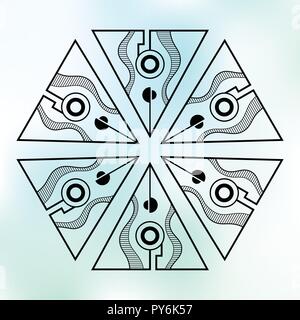 Six symmetrically arranged triangles, separated with lines and circles. Geometric elements, isolated on color background. Line design. Abstract sacred Stock Vector