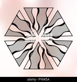 Six symmetrically arranged triangles, separated with lines and circles. Geometric elements, isolated on color background. Line design. Abstract sacred Stock Vector