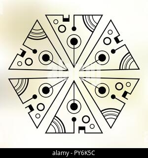Six symmetrically arranged triangles, separated with lines and circles. Geometric elements, isolated on color background. Line design. Abstract sacred Stock Vector
