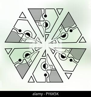 Six symmetrically arranged triangles, separated with lines and circles. Geometric elements, isolated on color background. Line design. Abstract sacred Stock Vector