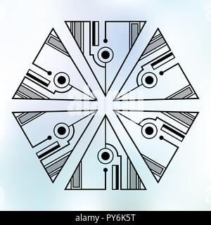 Six symmetrically arranged triangles, separated with lines and circles. Geometric elements, isolated on color background. Line design. Abstract sacred Stock Vector