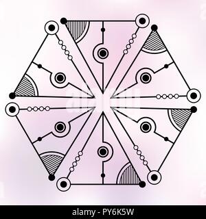 Six symmetrically arranged triangles, separated with lines and circles. Geometric elements, isolated on color background. Line design. Abstract sacred Stock Vector