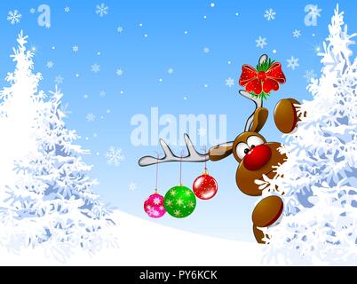 Deer, decorated with Christmas decorations, against the backdrop of snow-covered forest. Stock Vector