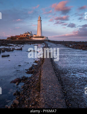 St. Mary's Lighthouse  just north of Whitley Bay on the Northumbrian coast. The small rocky tidal island is linked to the mainland by a short concrete Stock Photo