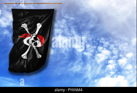 Flag of pirate. Vertical flag, against blue sky with place for your text Stock Photo