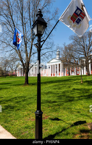 Lexington, USA - April 18, 2018: Washington and Lee University hall in Virginia exterior facade during sunny day with nobody, exterior brick architect Stock Photo