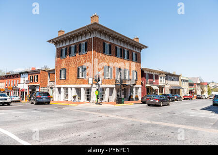 Lexington, USA - April 18, 2018: Historic downtown town city in Virginia countryside Shenandoah mountain village, street road intersection Stock Photo