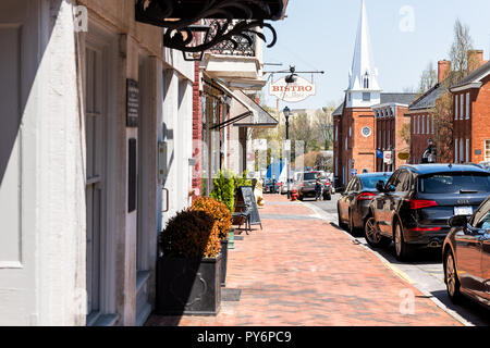 Lexington, USA - April 18, 2018: Historic downtown town city in Virginia countryside Shenandoah mountain village, sign for bistro, restaurant Stock Photo