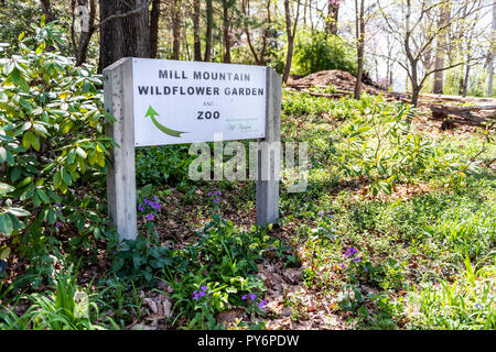 Roanoke, USA - April 18, 2018: Mill Mountain Park in Virginia during spring with sign for Zoo, Wildflower garden, nobody Stock Photo