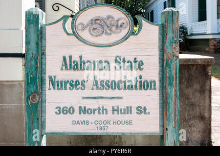 Montgomery, USA - April 21, 2018: Exterior building in Alabama old town with State Nurses Assosiation sign closeup Stock Photo