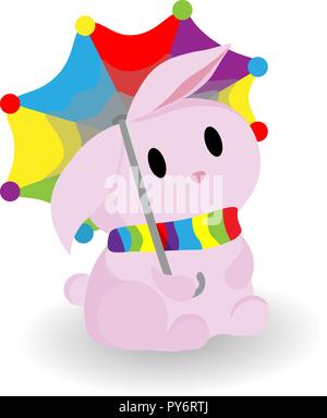 Vector childish illustration of a rabbit under an umbrella. During the rain. Pink cute bunny, bright umbrella Stock Vector