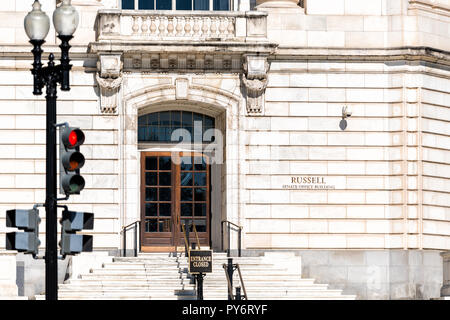 Washington DC, USA - October 12, 2018: US Congress entrance steps stairs front on Capital capitol hill, sign for Russell Senate Office building, red s Stock Photo